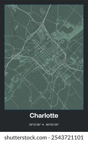Editable vector poster map of Charlotte,North Carolina, showcasing detailed street layouts, main roads, neighborhoods, and landmarks in Dark gray, Gray, Green, gray-green colors.