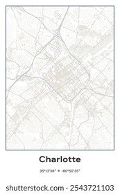 Editable vector poster map of Charlotte,North Carolina, showcasing detailed street layouts, main roads, neighborhoods, and landmarks in Pastel, Gray, White, Green colors.