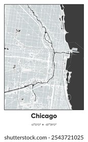 Mapa de pôster vetorial editável do Chicago Center, Illinois, mostrando detalhados layouts de rua, principais estradas, bairros e pontos de referência em cores cinzentas, pretas e brancas.