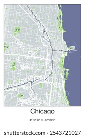 Mapa de pôster vetorial editável do Chicago Center, Illinois, mostrando detalhados layouts de rua, principais estradas, bairros e pontos de referência em cores cinza, azul, verde, branco.