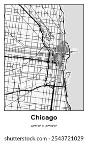 Mapa de pôster vetorial editável do Chicago Center, Illinois, exibindo detalhados layouts de ruas, principais estradas, bairros e pontos de referência em cores pretas, brancas e cinzas.