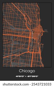 Mapa de pôster vetorial editável do Chicago Center, Illinois, mostrando detalhados layouts de rua, principais estradas, bairros e pontos de referência em cores cinza, preto, laranja.