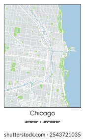 Mapa de pôster vetorial editável do Chicago Center, Illinois, mostrando detalhados layouts de rua, principais estradas, bairros e pontos de referência em cores cinza, branco, verde e azul.