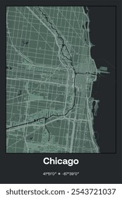 Mapa de pôster vetorial editável do Chicago Center, Illinois, mostrando detalhados layouts de rua, principais estradas, bairros e pontos de referência em cinza escuro, cinza, verde, cinza-verde cores.