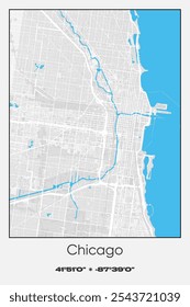 Editable vector poster map of Chicago Center,Illinois, showcasing detailed street layouts, main roads, neighborhoods, and landmarks in Gray, white, blue colors.