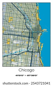 Mapa de pôster vetorial editável do Chicago Center, Illinois, mostrando detalhados layouts de rua, principais estradas, bairros e pontos de referência em azul, cinza, amarelo, azeitona cores.