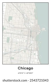 Mapa de pôster vetorial editável do Chicago Center, Illinois, mostrando detalhados layouts de ruas, principais estradas, bairros e pontos de referência em cores Pastel, Gray, White, Green.