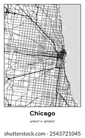 Mapa de cartaz vetorial editável de Chicago, Illinois, exibindo detalhados layouts de rua, principais estradas, bairros e pontos de referência em cores pretas, brancas e cinzas.