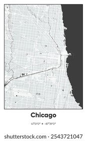 Mapa de cartaz vetorial editável de Chicago, Illinois, mostrando detalhados layouts de rua, principais estradas, bairros e pontos de referência em cores cinza, preto, branco.