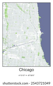 Mapa de cartaz vetorial editável de Chicago, Illinois, exibindo detalhados layouts de rua, principais estradas, bairros e pontos de referência nas cores Cinza, Azul, Verde e Branco.