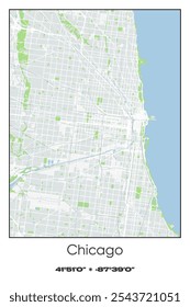 Mapa de cartaz vetorial editável de Chicago, Illinois, mostrando detalhados layouts de rua, principais estradas, bairros e pontos de referência em cores cinza, branco, verde e azul.