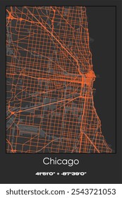 Mapa de cartaz vetorial editável de Chicago, Illinois, mostrando detalhados layouts de rua, principais estradas, bairros e pontos de referência em cores cinza, preto, laranja.