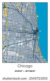 Mapa de cartaz vetorial editável de Chicago, Illinois, mostrando detalhados layouts de rua, principais estradas, bairros e pontos de referência em azul, cinza, amarelo, azeitona cores.