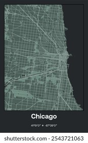 Mapa de cartaz vetorial editável de Chicago, Illinois, mostrando detalhados layouts de rua, principais estradas, bairros e pontos de referência em cinza escuro, cinza, verde, cinza-verde cores.