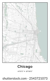 Mapa de cartaz vetorial editável de Chicago, Illinois, mostrando detalhados layouts de rua, principais estradas, bairros e pontos de referência em cores Pastel, Gray, White, Green.