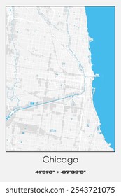 Mapa de cartaz vetorial editável de Chicago, Illinois, mostrando detalhados layouts de rua, principais estradas, bairros e pontos de referência em cores cinza, branco, azul.