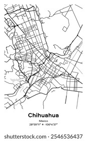 Mapa de cartaz vetorial editável de Chihuahua, México, mostrando detalhados layouts de rua, principais estradas, bairros e pontos de referência em cores Preto, branco, cinza, BW.