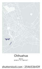 Mapa de pôster vetorial editável de Chihuahua, México, exibindo detalhados layouts de rua, principais estradas, bairros e pontos de referência nas cores Cinza, Azul, Verde e Branco.