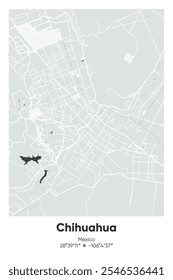 Editable vector poster map of Chihuahua, Mexico, showcasing detailed street layouts, main roads, neighborhoods, and landmarks in Gray, Black, White, BW colors.