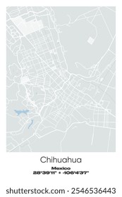 Mapa de cartaz vetorial editável de Chihuahua, México, mostrando detalhados layouts de rua, principais estradas, bairros e pontos de referência em cores cinza, branco, verde, azul.