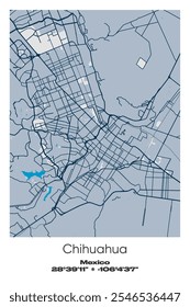 Mapa de pôster vetorial editável de Chihuahua, México, apresentando detalhados layouts de rua, principais estradas, bairros e pontos de referência em azul, cinza, amarelo, azeitona cores.