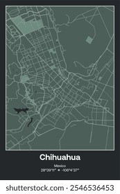 Mapa de pôster vetorial editável de Chihuahua, México, mostrando detalhados layouts de rua, principais estradas, bairros e pontos de referência em cinza escuro, cinza, verde, cinza-verde cores.