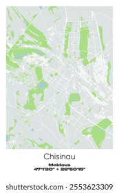 Editable vector poster map of Chisinau, Moldova, showcasing detailed street layouts, main roads, neighborhoods, and landmarks in Gray, white, green, blue colors.