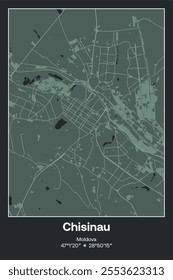 Editable vector poster map of Chisinau, Moldova, showcasing detailed street layouts, main roads, neighborhoods, and landmarks in Dark gray, Gray, Green, gray-green colors.