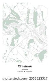 Editable vector poster map of Chisinau, Moldova, showcasing detailed street layouts, main roads, neighborhoods, and landmarks in Pastel, Gray, White, Green colors.