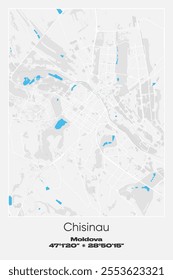 Editable vector poster map of Chisinau, Moldova, showcasing detailed street layouts, main roads, neighborhoods, and landmarks in Gray, white, blue colors.