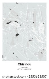 Editable vector poster map of Chisinau, Moldova, showcasing detailed street layouts, main roads, neighborhoods, and landmarks in Gray, Black, White, BW colors.