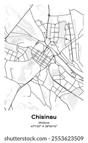 Editable vector poster map of Chisinau, Moldova, showcasing detailed street layouts, main roads, neighborhoods, and landmarks in Black, white, gray, BW colors.