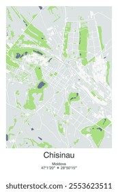 Editable vector poster map of Chisinau, Moldova, showcasing detailed street layouts, main roads, neighborhoods, and landmarks in Gray, Blue, Green, White colors.