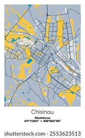 Editable vector poster map of Chisinau, Moldova, showcasing detailed street layouts, main roads, neighborhoods, and landmarks in Blue, Gray, Yellow, Olive colors.