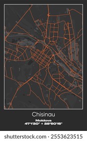 Editable vector poster map of Chisinau, Moldova, showcasing detailed street layouts, main roads, neighborhoods, and landmarks in Gray, Black, Orange colors.