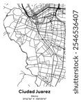 Editable vector poster map of Ciudad Juarez, Mexico, showcasing detailed street layouts, main roads, neighborhoods, and landmarks in Black, white, gray, BW colors.