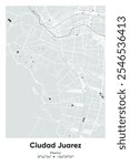 Editable vector poster map of Ciudad Juarez, Mexico, showcasing detailed street layouts, main roads, neighborhoods, and landmarks in Gray, Black, White, BW colors.