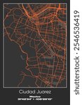 Editable vector poster map of Ciudad Juarez, Mexico, showcasing detailed street layouts, main roads, neighborhoods, and landmarks in Gray, Black, Orange colors.