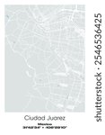 Editable vector poster map of Ciudad Juarez, Mexico, showcasing detailed street layouts, main roads, neighborhoods, and landmarks in Gray, white, green, blue colors.
