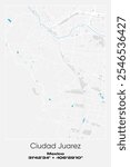 Editable vector poster map of Ciudad Juarez, Mexico, showcasing detailed street layouts, main roads, neighborhoods, and landmarks in Gray, white, blue colors.