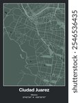 Editable vector poster map of Ciudad Juarez, Mexico, showcasing detailed street layouts, main roads, neighborhoods, and landmarks in Dark gray, Gray, Green, gray-green colors.