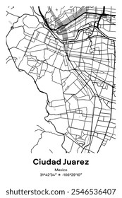 Mapa de pôster vetorial editável de Ciudad Juarez, México, exibindo detalhados layouts de ruas, principais estradas, bairros e pontos de referência em preto, branco, cinza, BW cores.