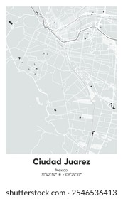 Mapa de pôster vetorial editável de Ciudad Juarez, México, mostrando detalhados layouts de ruas, principais estradas, bairros e pontos de referência em cores cinzentas, pretas, brancas e brancas.