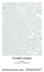 Mapa de pôster vetorial editável de Ciudad Juarez, México, mostrando detalhados layouts de ruas, principais estradas, bairros e pontos de referência em cores Cinza, Azul, Verde e Branco.