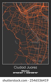 Mapa de pôster vetorial editável de Ciudad Juarez, México, exibindo detalhados layouts de ruas, principais estradas, bairros e pontos de referência em cores cinza, preto, laranja.