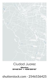 Mapa de pôster vetorial editável de Ciudad Juarez, México, exibindo detalhados layouts de ruas, principais estradas, bairros e pontos de referência em cores cinza, branco, verde e azul.