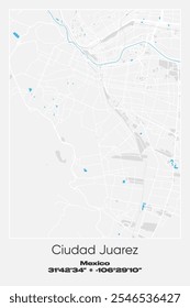 Mapa de pôster vetorial editável de Ciudad Juarez, México, exibindo detalhados layouts de ruas, principais estradas, bairros e pontos de referência em cores cinzentas, brancas e azuis.