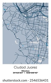 Mapa de pôster vetorial editável de Ciudad Juarez, México, exibindo detalhados layouts de ruas, principais estradas, bairros e pontos de referência em azul, cinza, amarelo, azeitona.