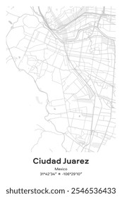 Mapa de pôster vetorial editável de Ciudad Juarez, México, exibindo detalhados layouts de ruas, principais estradas, bairros e pontos de referência em cores Pastel, Gray, White, Green.