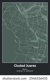 Mapa de pôster vetorial editável de Ciudad Juarez, México, exibindo detalhados layouts de ruas, principais estradas, bairros e pontos de referência em cinza escuro, cinza, verde, cinza-verde cores.